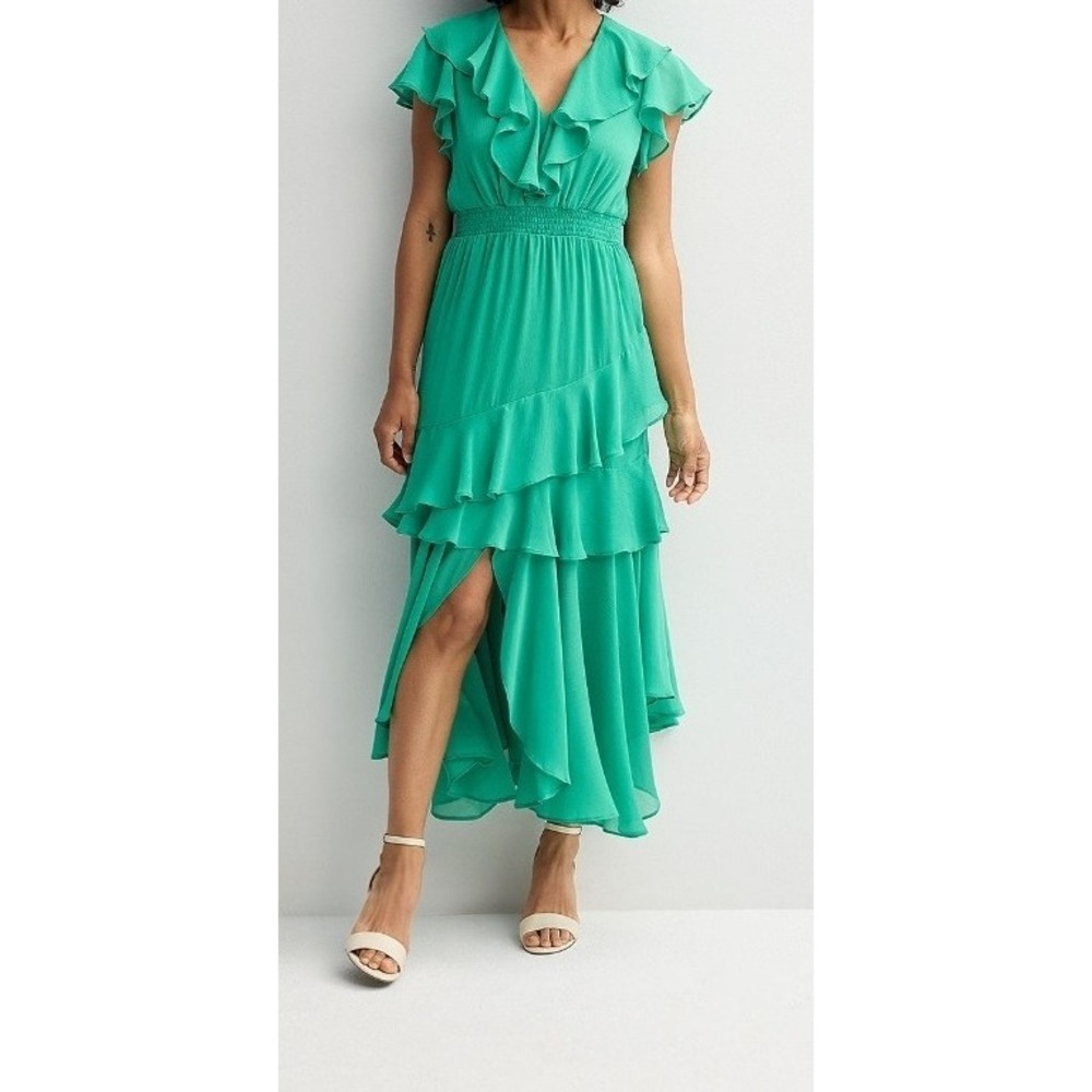Romantic Green Chiffon Midi Dress Smocked Ruffle Fairycore Soft Girl NWT Size 6